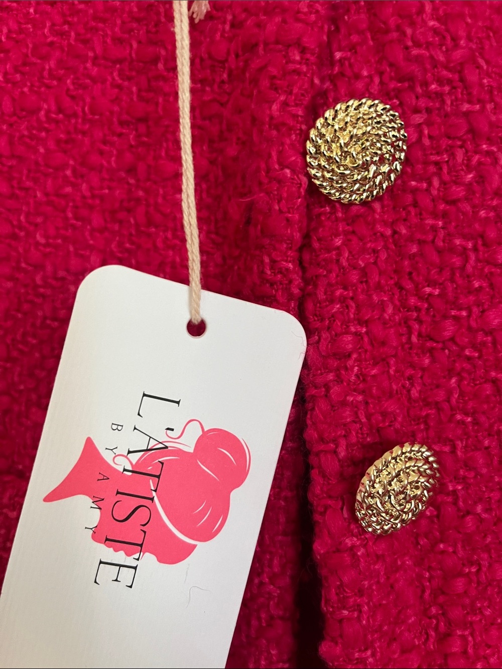 L'ATISTE Hot Pink Bouclé Cropped Blazer with Gold Buttons - Picture 3 of 7